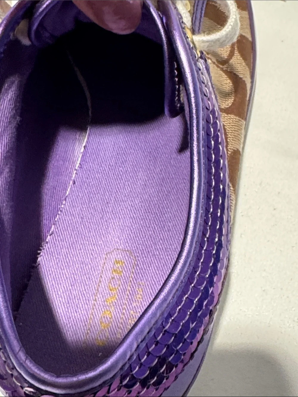 Coach Women's Signature Canvas Sneakers with Purple Trim and White Soles